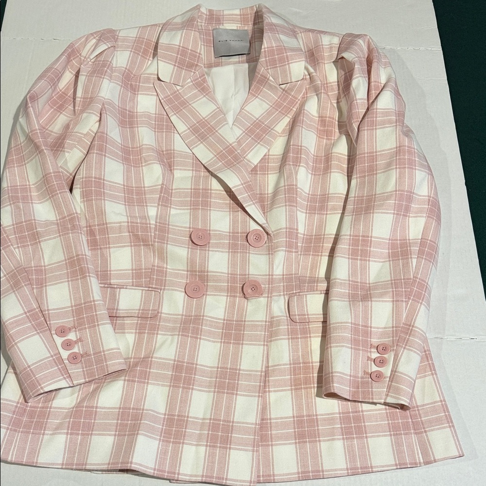 Elie Tahari Pink & White Plaid Double-Breasted Blazer Jacket